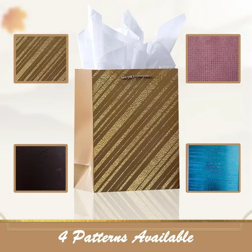 Vista 5 de SHIPKEY Paquete de 4 bolsas de regalo pequeñas con papel de seda, 7 x 4 x 9 pulgadas, surtido de bolsas de papel de aluminio dorado, bolsas