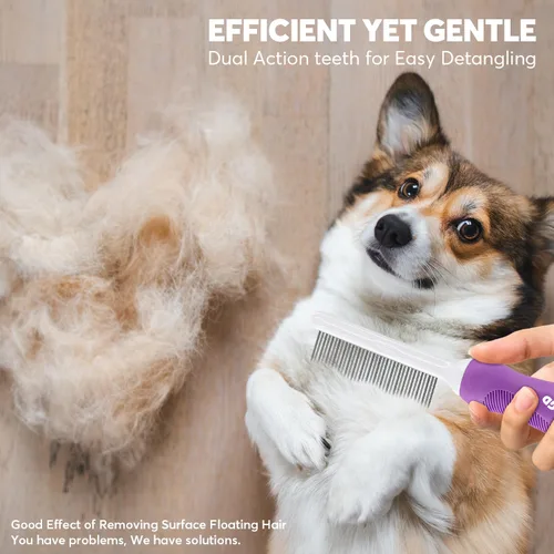 Vista 7 de Peine desenredante para mascotas para perros y gatos con dientes metálicos largos y cortos de acero inoxidable para eliminar enredos y nudos.