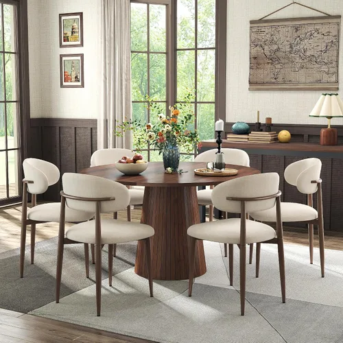 Vista 12 de Black Round Dining Table Set for 4, 47 In Kitchen Table with 4 Fabric Chair Farmhouse Circle Dinner Table with Heavy Duty Pedestal, Beige