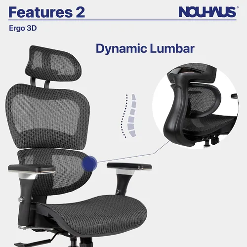 Vista 8 de Nouhaus Ergo3D - Silla ergonómica de oficina con soporte lumbar de malla con reposabrazos ajustable 4D, reposacabezas y ruedas ajustables, respaldo