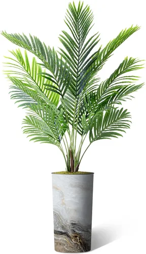 Vista 2 de Árbol artificial en macetero con efecto de granito moderno, palmera tropical areca artificial de seda para decoración del hogar en interiores