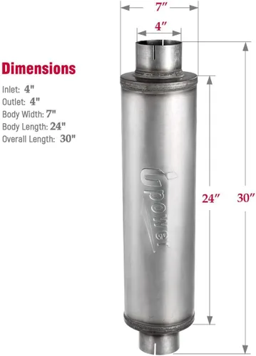Vista 4 de Upower Silenciador de Escape Diésel con Entrada de 4", Cuerpo de 7" x 24", Longitud Total de 30" XS2772 - Silenciador Resonador de Acero Inoxidable