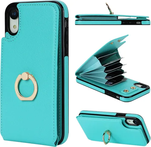 Vista 14 de Folosu Funda compatible con iPhone XR con soporte para tarjetas, rotación de 360°, soporte de anillo de dedo con función atril, bloqueo RFID, piel