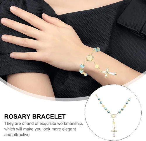 Vista 9 de Generic Bola de oración religiosa Pulsera de Rosario Cruz Virgen María Rosario Cuentas de oración Jesús Crucifijo Cruz para Mujeres Hombres Azul