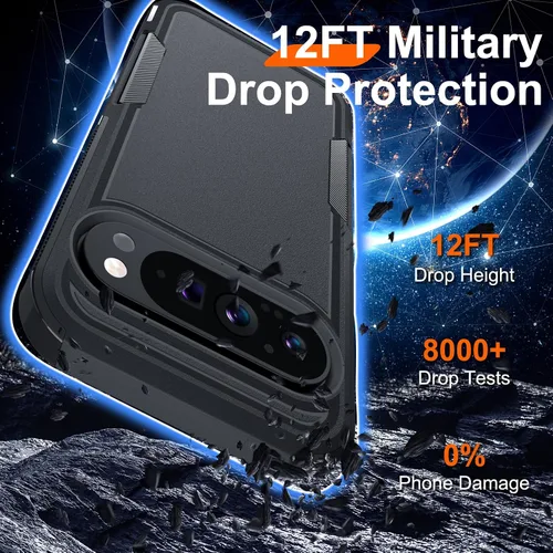 Vista 3 de Janmitta Funda para Google Pixel 9 Pro XL con protector de pantalla + protector de lente de cámara + correa de muñeca, resistente a prueba de NEGRO