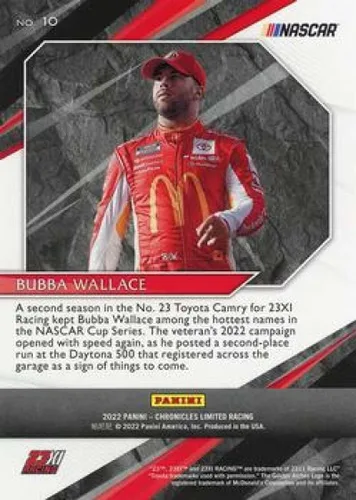 Vista 2 de Panini Chronicles Limited Racing #10 Bubba Wallace McDonald's/23XI Racing/Toyota - Tarjeta comercial oficial de NASCAR 2022