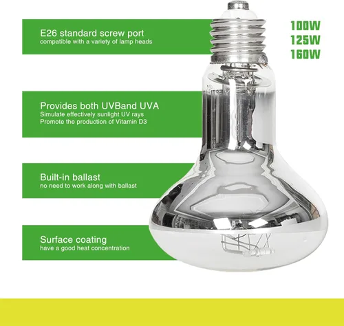 Vista 2 de Luz de reptil UVA UVB de calor de 100 W, espectro completo, bombilla de luz solar de vapor autobalastado para uso de reptiles y anfibios, E26, 1