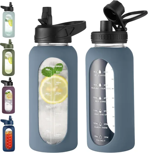 Vista 8 de EALGRO Botella de agua de vidrio de 32 onzas con popote y asa, frasco de agua motivacional deportivo con funda de silicona, taza grande a prueba