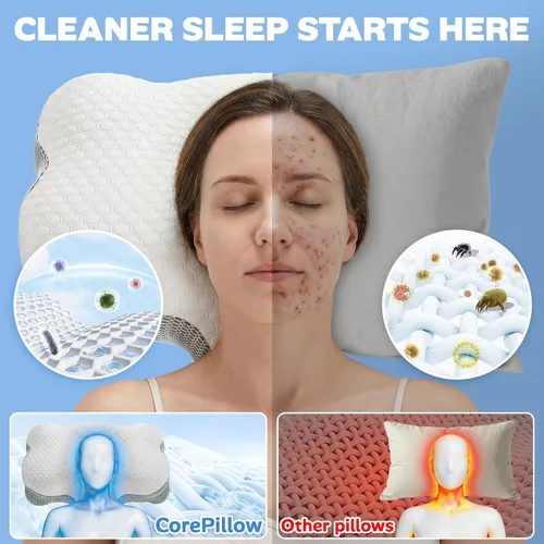 Vista 7 de Almohada cervical de espuma viscoelástica para soporte del cuello, almohada ergonómica de contorno para dormir de espalda y de lado, espuma Blanco