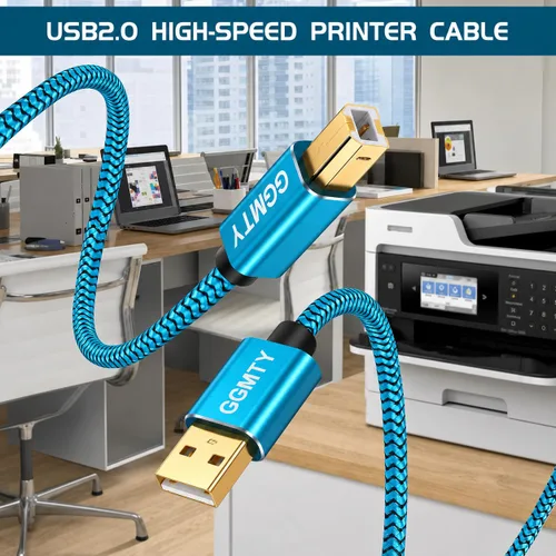 Vista 4 de Cable de impresora USB de 6 pies, cable USB 2.0 trenzado de nailon tipo A a B macho con conectores chapados en oro, cable escáner de transferencia
