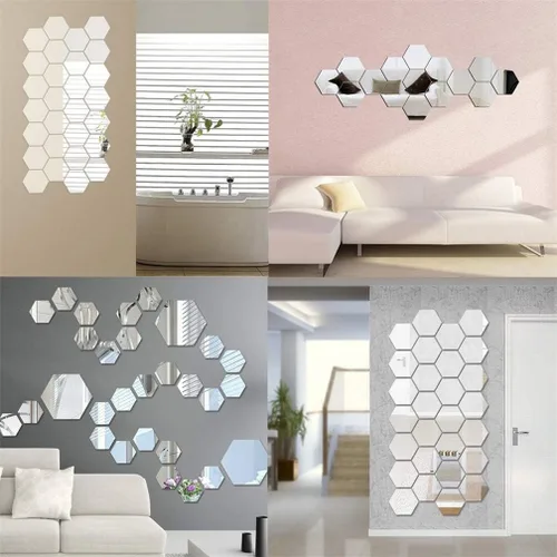 Vista 4 de 12 calcomanías de pared de espejo acrílico hexagonal 3D – Hoja de arte de plástico extraíble para baño, dormitorio, sala de estar, decoración