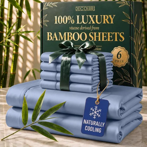 Vista 24 de DECOLURE Sábanas de Viscosa 100% Derivada de Bambú Tamaño Full - Juego de Sábanas de Lujo de 6 Piezas Naturalmente Refrescantes, Ultra Suaves Negro