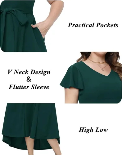 Vista 4 de Vestido largo semiformal para mujer, con mangas altas y bajas, con vuelo, para invitadas de boda, con bolsillos