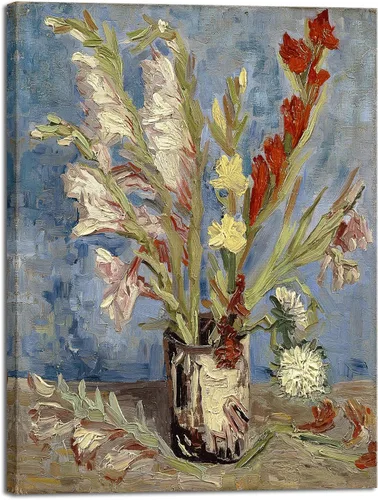 Vista 10 de Wieco Art Jarrón con gladiolos y asteres de China por Van Gogh Famosas pinturas al óleo Reproducción de pinturas al óleo modernas florales Giclée