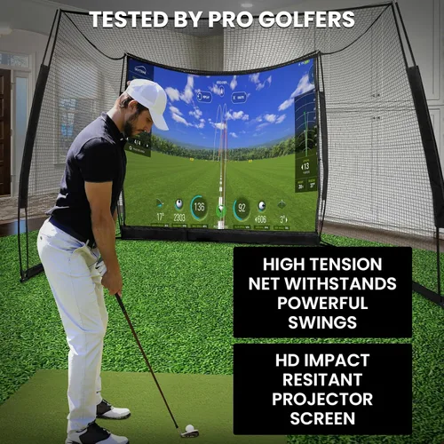 Vista 3 de Simuladores de golf para el hogar, red de golf de 11 x 8 pies con pantalla de impacto de simulador y tela objetivo, red de golf portátil resistente