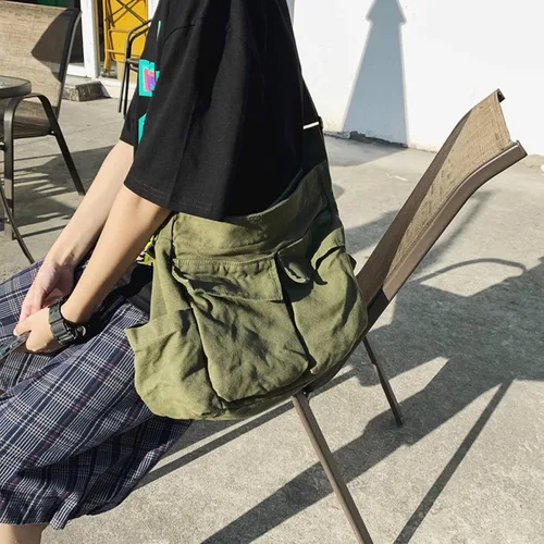Vista 5 de Bolsa de mensajero de lona, bolsa de mensajero vintage con múltiples bolsillos, bolsas casuales grandes, bolsa de ocio de hombro para mujeres