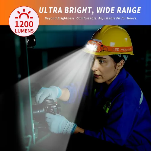 Vista 3 de Linterna frontal LED recargable, 800 lúmenes con luz roja y blanca, 8 modos, sensor de movimiento, carga USB-C, IPX4 impermeable (1, naranja)