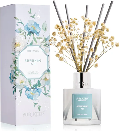 Vista 63 de Airkeep Juego de difusor de junco, 3.38 onzas líquidas (100 ml), difusor de aceite de bálsamo y abeto con 8 varillas de caña, difusor de fragancia