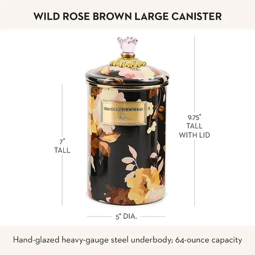 Vista 4 de MACKENZIE-CHILDS Bote de Esmalte, Contenedor de Almacenamiento de Cocina con Tapa, Grande, Wild Rose Brown Hand-applied design, made from enameled