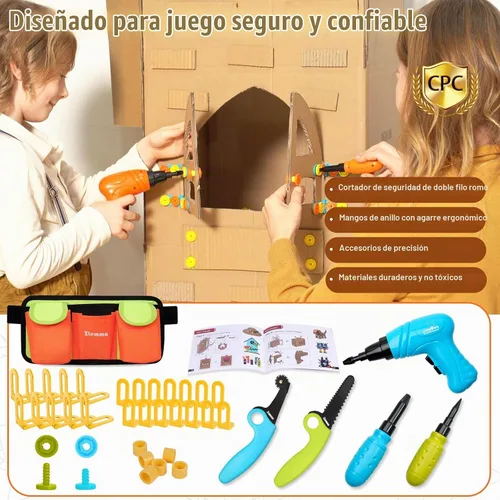 Vista 4 de Juego de herramientas de construcción de cartón para niños con taladro eléctrico y cinturón de herramientas, 258 piezas, kit de construcción STEM