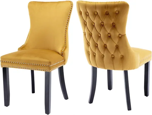 Vista 22 de mikibama Juego de 2 sillas de comedor tapizadas de terciopelo con respaldo de ala, sillas de comedor con patas de madera maciza con botón de cabeza