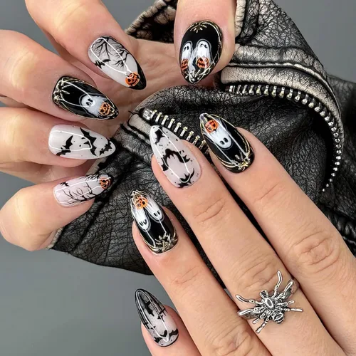 Vista 13 de Uñas postizas a presión de Halloween, uñas postizas de almendra, cobertura completa, uñas postizas rojas con diseños de gotas de sangre, punta 14