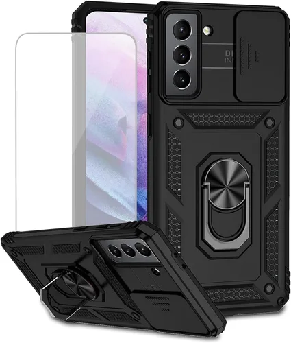 Vista 11 de Funda para Galaxy S21 5G, Samsung S21 SM-G991U con protector de pantalla de vidrio templado y cubierta de cámara deslizante, anillo magnético