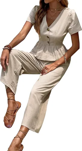 Vista 6 de Vrtige Enterizo largo casual de manga corta con cuello en V y botones para mujer