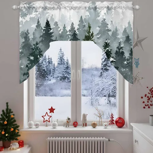 Vista 4 de Cortinas de cocina, cenefa con festón de Navidad, con bolsillo para barra, paneles de cortina para dormitorio, sala de estar, baño, cafetería