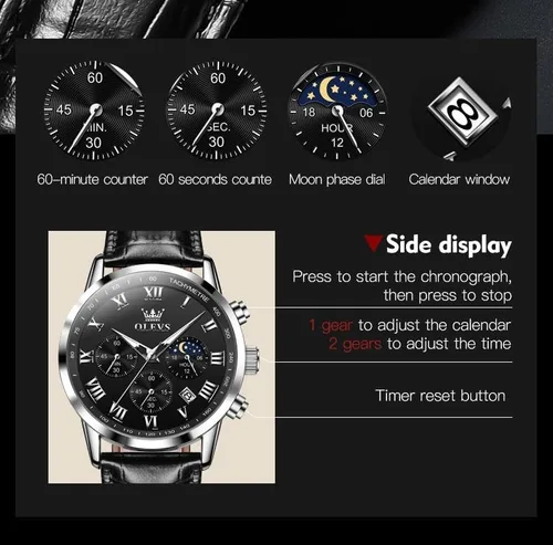Vista 6 de OLEVS Relojes para hombre de vestir cronógrafo analógico cuarzo fase lunar para hombre luminoso impermeable relojes de pulsera masculinos