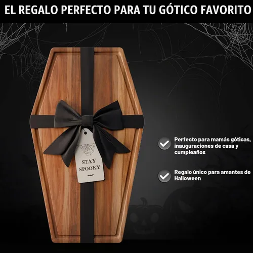 Vista 4 de Tabla de charcutería grande con forma de ataúd - Tabla de cortar de madera de acacia gótica con forma de ataúd 17x10.5 pulgadas, bandeja de servir