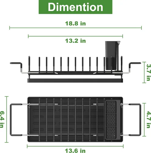 Vista 6 de Estante de secado de platos sobre el fregadero, expandible, pequeño, negro, escurridor para secar para la encimera de la cocina, metal de acero