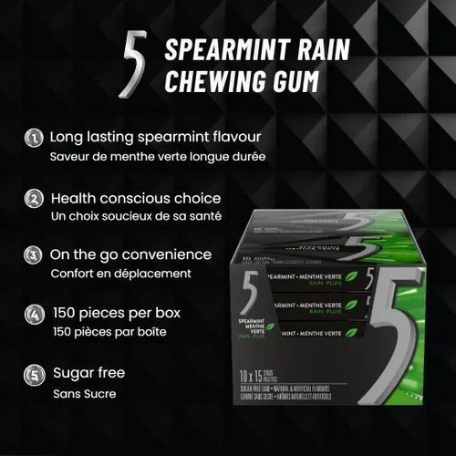 Vista 6 de Wrigley 5 Rain-Tingling Spearmint, 10 unidades / 150 palos en total