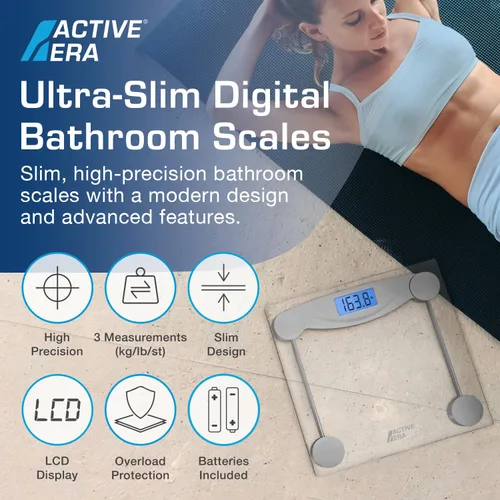 Vista 2 de Active Era Báscula digital de peso corporal, báscula de baño ultradelgada de alta precisión con vidrio templado, tecnología Step-on y pantalla