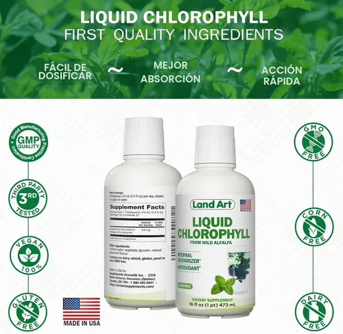 Vista 5 de Land Art Pure Aloe Vera Gel Bebible Sin Sabor 64 fl oz + Clorofila Líquida Sabor Menta 16 fl oz