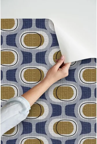 Vista 3 de Spoonflower Orbs Navy Brown Mid Peel and Stick Removable Wallpaper Sample 12" x 24" 1950S 1960S 1970S Retro Circles Artistic Self-adhesive