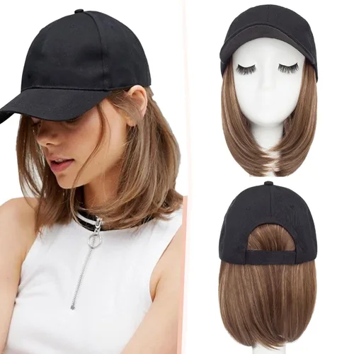 Vista 36 de SEGO - Gorra de béisbol con extensiones de cabello para mujer, resistente al calor, sintético, 6 pulgadas, ajustable, corta, recta, peluca