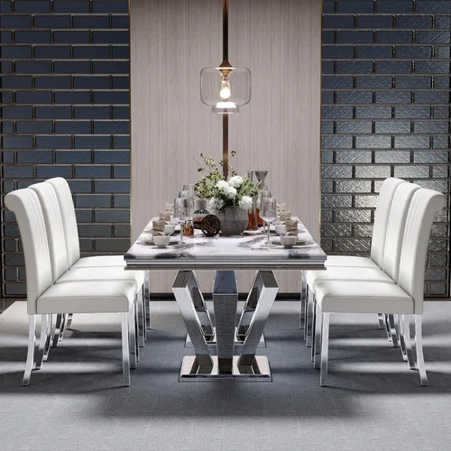 Vista 6 de ACEDÉCOR Mesa de comedor, mesa de comedor rectangular moderna de 78 pulgadas para 6-8 personas, parte superior de textura gris y base geométrica