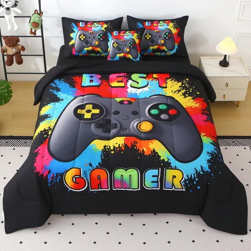 Vista 17 de JQinHome - Juego de edredón Gamer individual para niños y niñas, juego de cama en una bolsa de 6 piezas con diseño de videojuego 3D - Juego de ropa