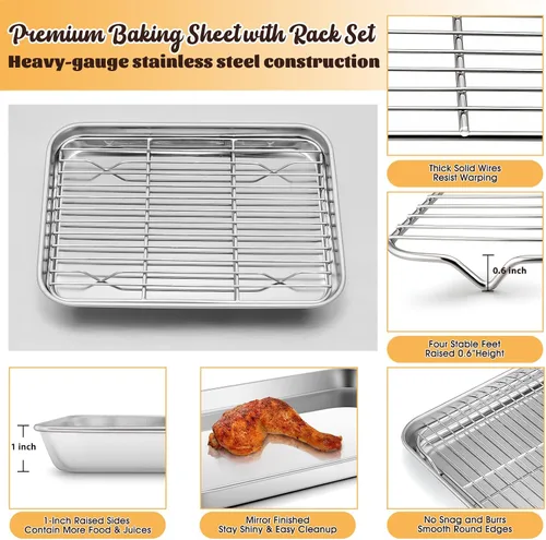 Vista 3 de E-far Bandeja pequeña de metal para horno tostador con juego de estante, bandeja para hornear de 9.4 x 7.3 pulgadas con rejilla de enfriamiento