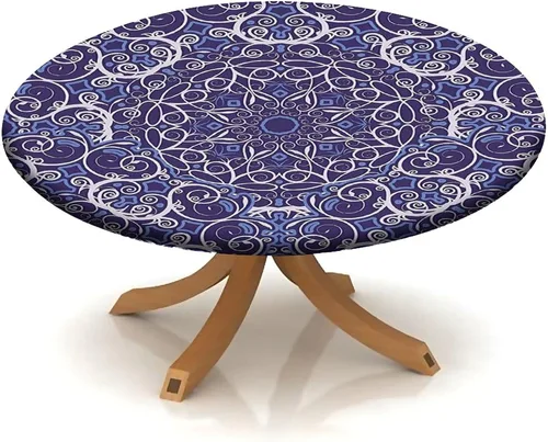 Vista 134 de Mantel redondo ajustable con borde elástico floral azul, mantel con borde elástico de estilo floral pastoral, almohadilla de mesa de poliéster