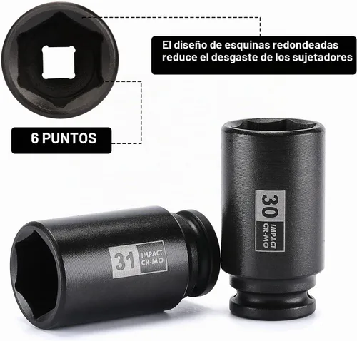 Vista 4 de Mayouko Juego de dados de impacto profundo de 1/2 pulgada, 9 piezas, 1.142-1.496 in, tuercas de eje métrico, profundo, 6 puntos, CR-MO