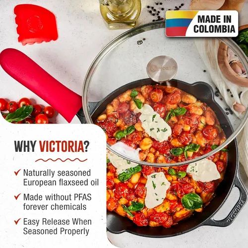 Vista 8 de Victoria - Set de sartén de hierro fundido de 12 pulgadas con tapa de vidrio templado, cubierta de mango grande y raspador de sartén