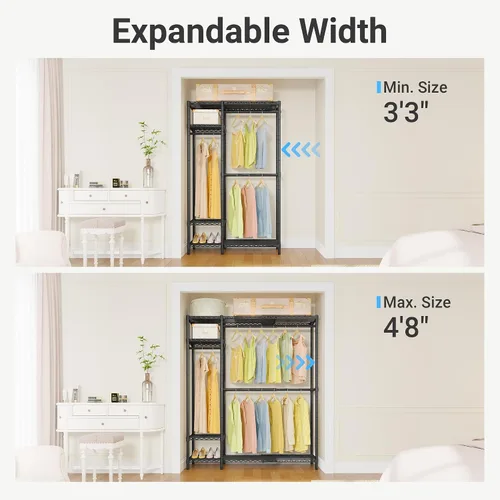 Vista 2 de VIPEK X20 - Perchero de metal expandible ajustable de 3 pies 3 pulgadas a 4 pies 8 pulgadas, percheros resistentes con estantes ajustables y barras