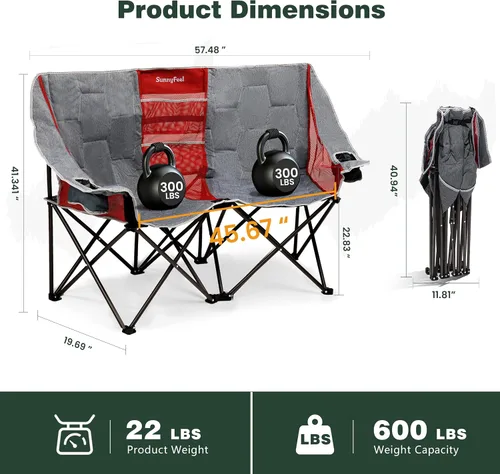 Vista 3 de SUNNYFEEL Silla de Camping Doblada Doble, Silla Loveseat Sobredimensionada, Silla de Césped Portátil/Plegable Resistente con Almacenamiento