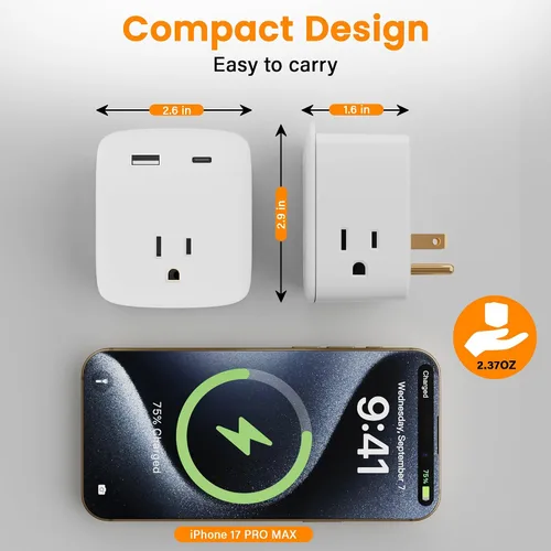 Vista 6 de Extensor de toma de corriente múltiple, 3 salidas de CA con 2 puertos de carga USB (1 USB-C/1 USB-A), regleta de alimentación de 3 lados con labio