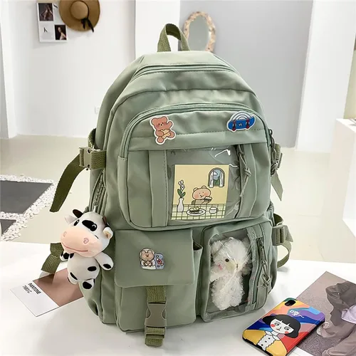 Vista 8 de POYIPI Nueva mochila estética Kawaii mochila con insignia Pins Llavero colgante Mochila de viaje ligera, Verde, Mochilas de viaje