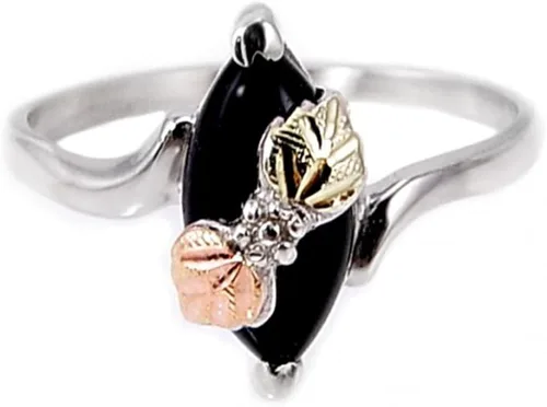 Vista 2 de Anillo de bypass de ónix marquesa de perfil fino, plata de ley, oro rosa y verde de 12 quilates