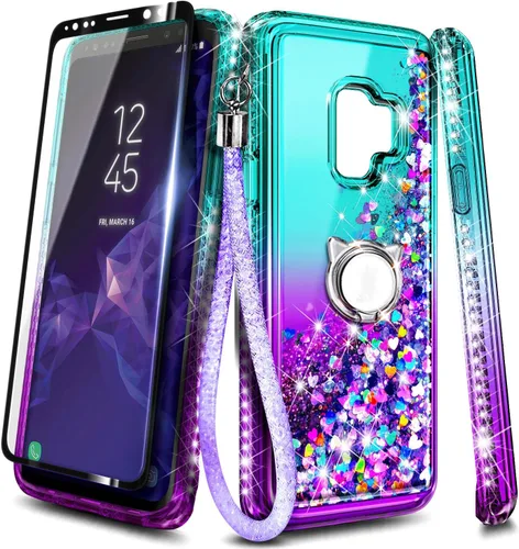 Vista 7 de NGB - Funda para teléfono Samsung Galaxy S9, color aguamarina/morado, bonita funda con purpurina líquida para mujeres y niñas, con protector