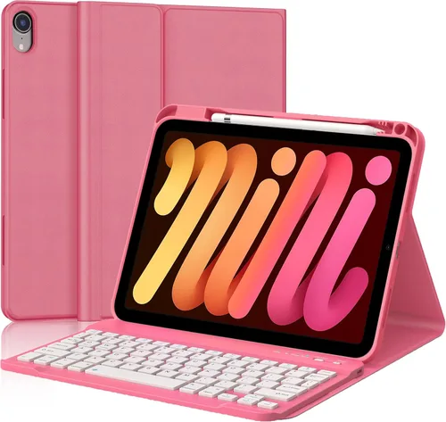 Vista 10 de Funda de teclado para iPad Mini 7ª (A17 Pro, 2024) y 6ª (2021) de 8.3 pulgadas, recargable, teclado Bluetooth desmontable, funda protectora delgada